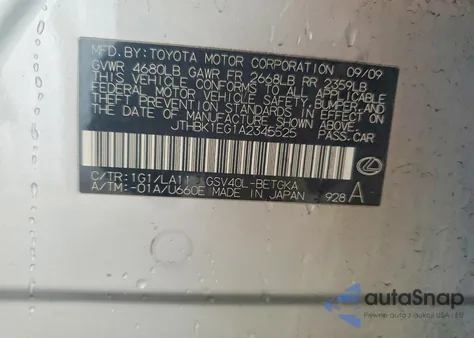 2010 Lexus Es 350 z USA, uszkodzony, nr VIN JTHBK1EG1A2345525